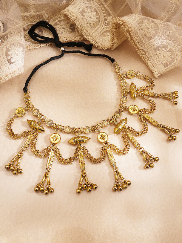 Oxidised Gold Tone Black Thread Tribal Chain Statement Necklace