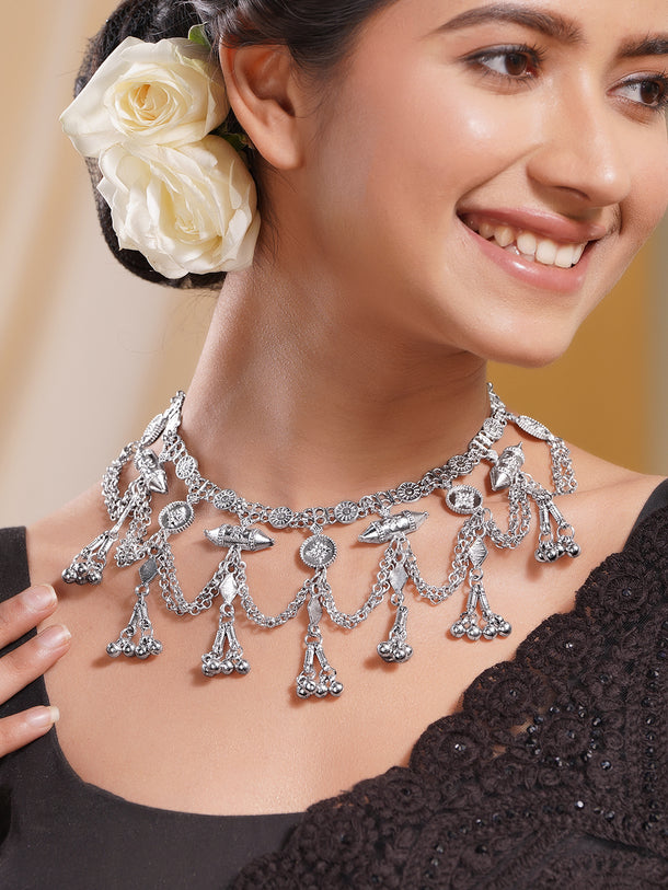 Oxidised Silver Tone Black Thread Tribal Chain Statement Necklace