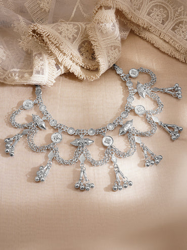 Oxidised Silver Tone Black Thread Tribal Chain Statement Necklace