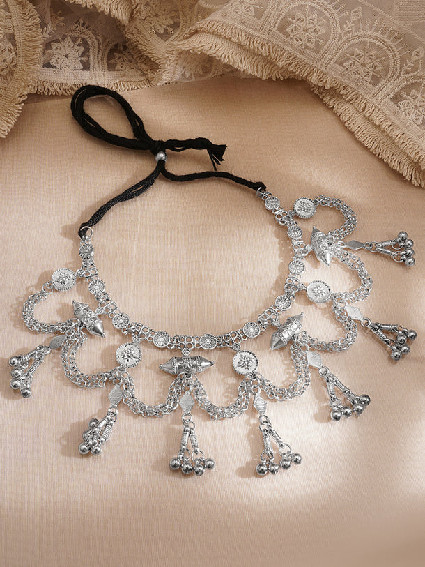 Oxidised Silver Tone Black Thread Tribal Chain Statement Necklace