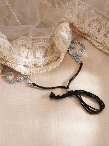 Oxidised Silver Tone Black Thread Tribal Chain Statement Necklace