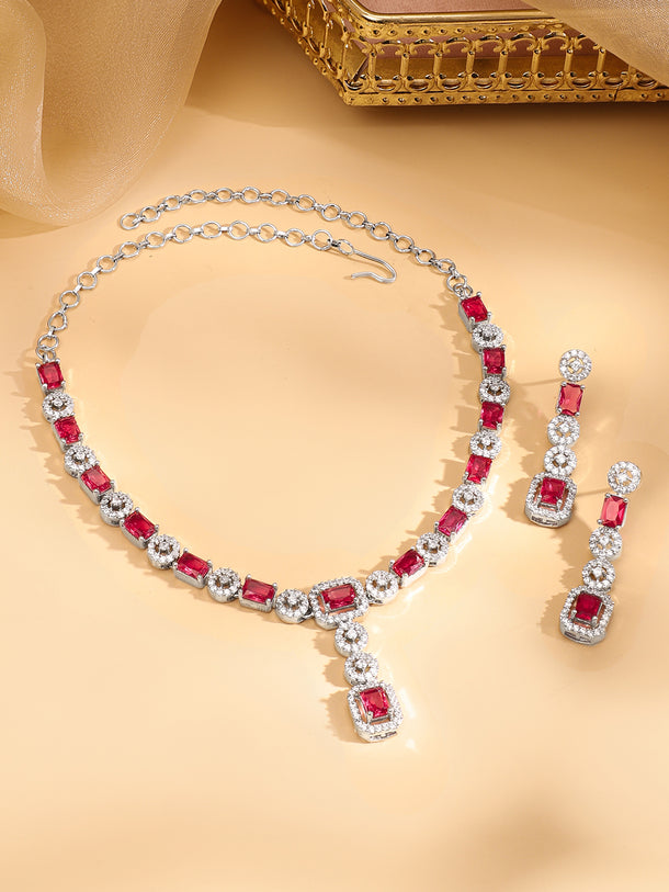 Studded American Diamond Zirconia Ruby Necklace Set