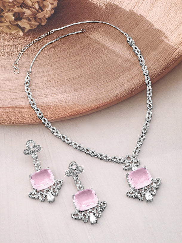 American Diamond Zirconia Rose-Pink Necklace Set