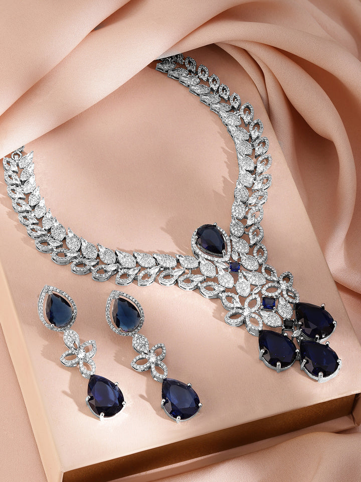 American Diamond Zirconia Blue Floral Necklace Set