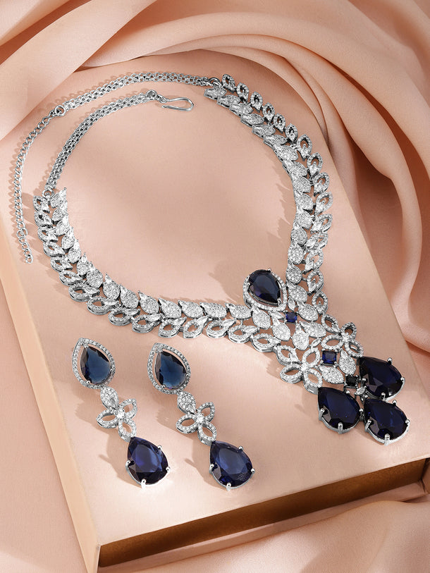 American Diamond Zirconia Blue Floral Necklace Set