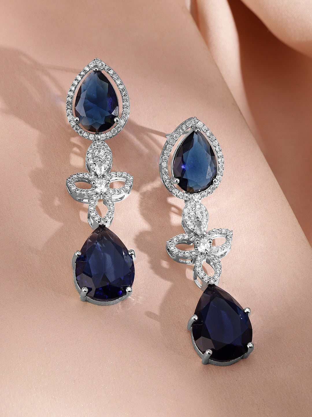 American Diamond Zirconia Blue Floral Necklace Set