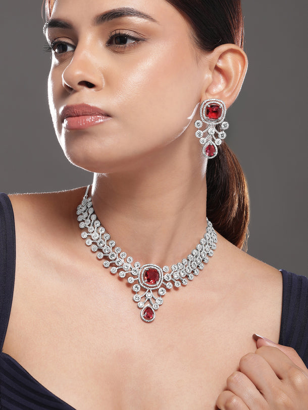 American Diamond Zirconia Red Accented Necklace Set