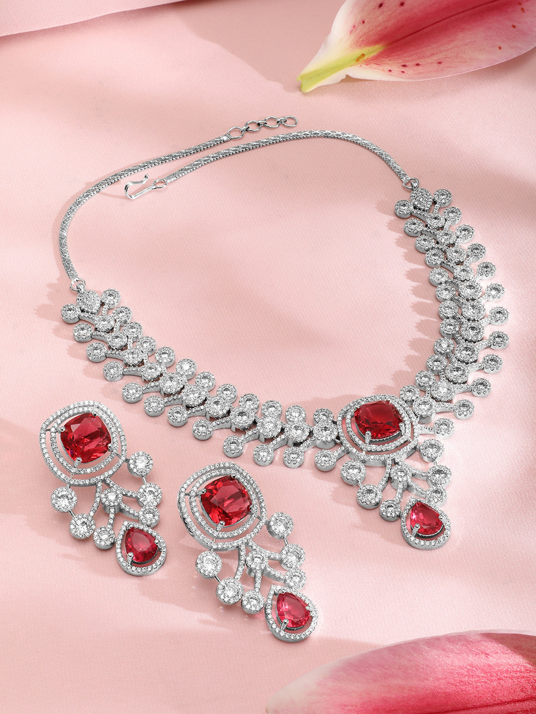 American Diamond Zirconia Red Accented Necklace Set