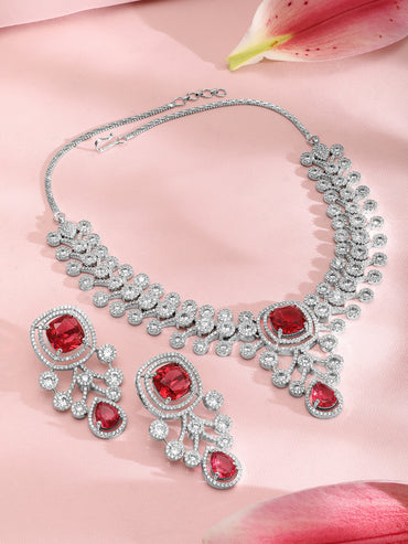 American Diamond Zirconia Red Accented Necklace Set