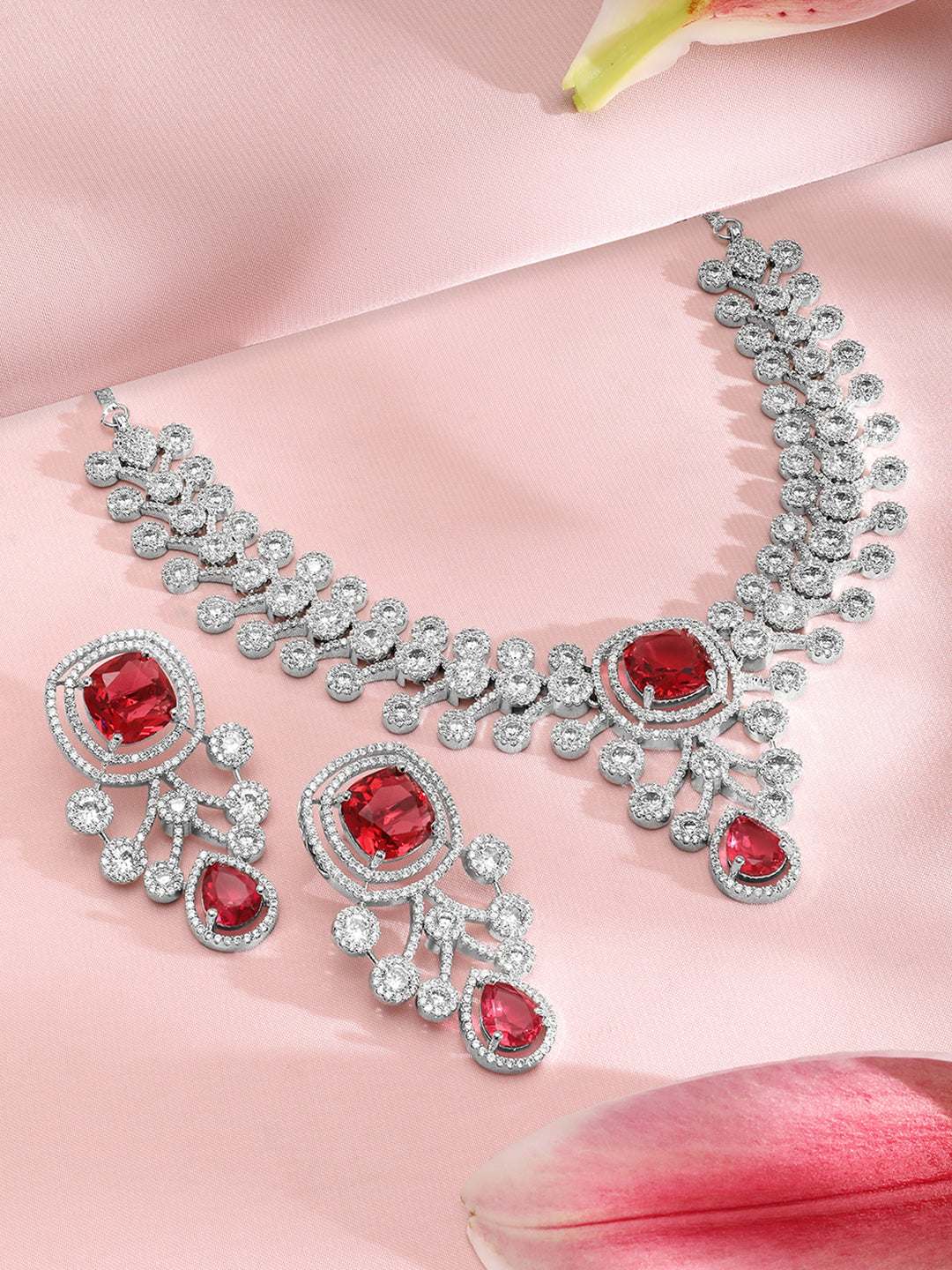 American Diamond Zirconia Red Accented Necklace Set