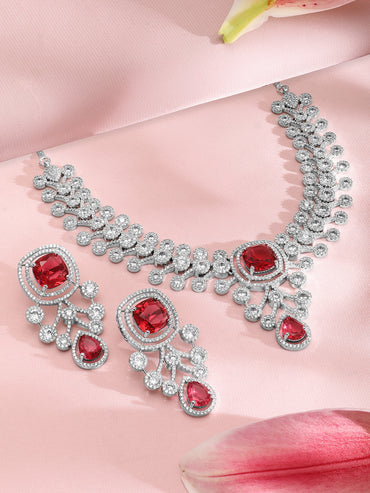 American Diamond Zirconia Red Accented Necklace Set