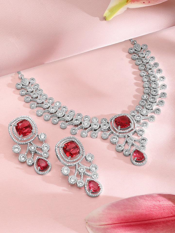 American Diamond Zirconia Red Accented Necklace Set