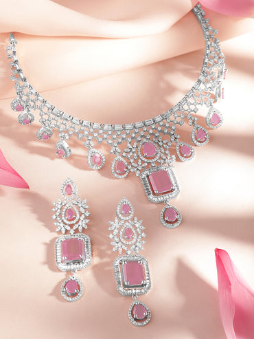 American Diamond Zirconia Pink Teardrop Necklace Set