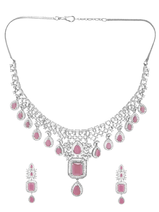 American Diamond Zirconia Pink Teardrop Necklace Set