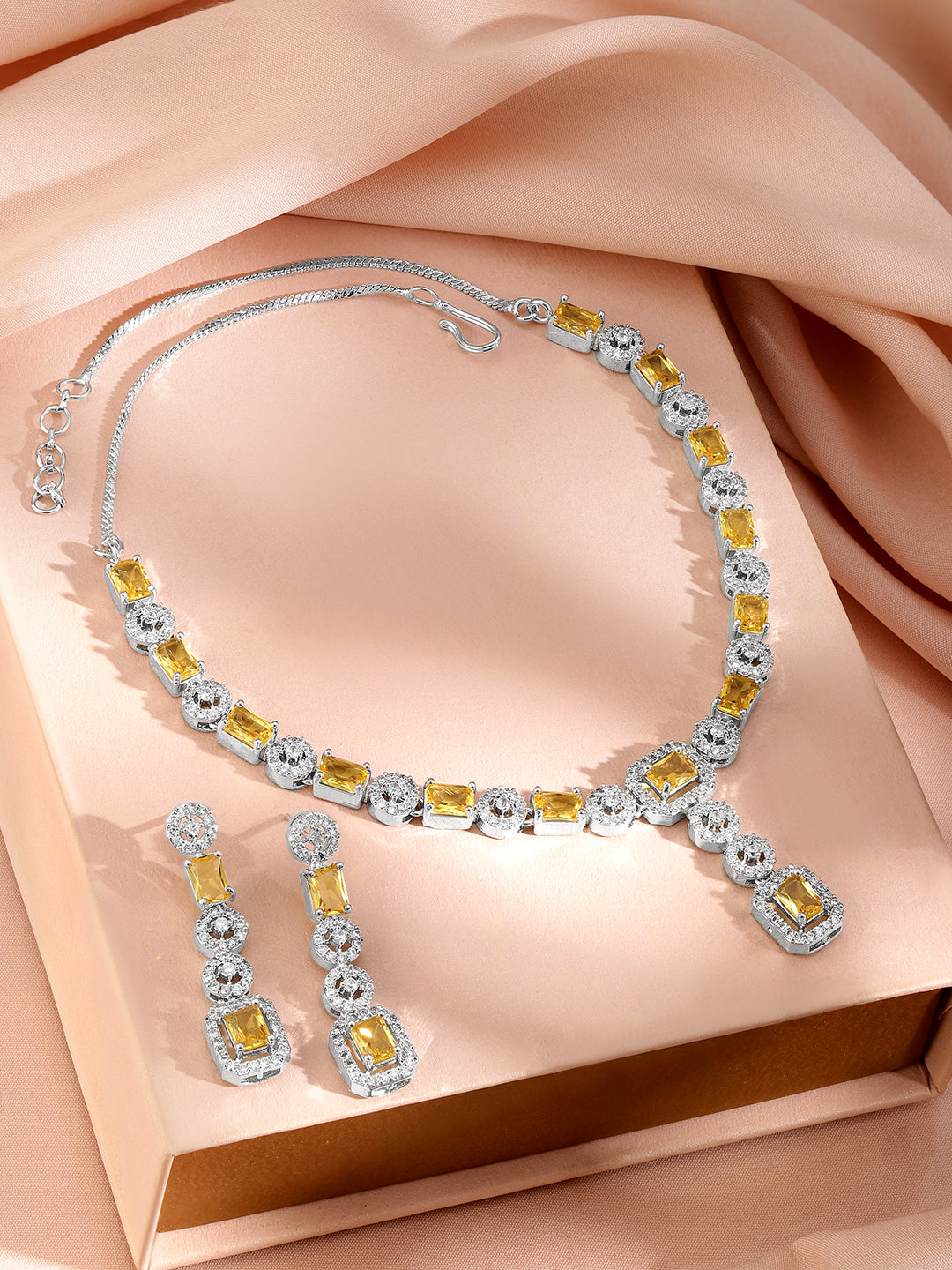 Citrine Studded American Diamond Zirconia Necklace Set
