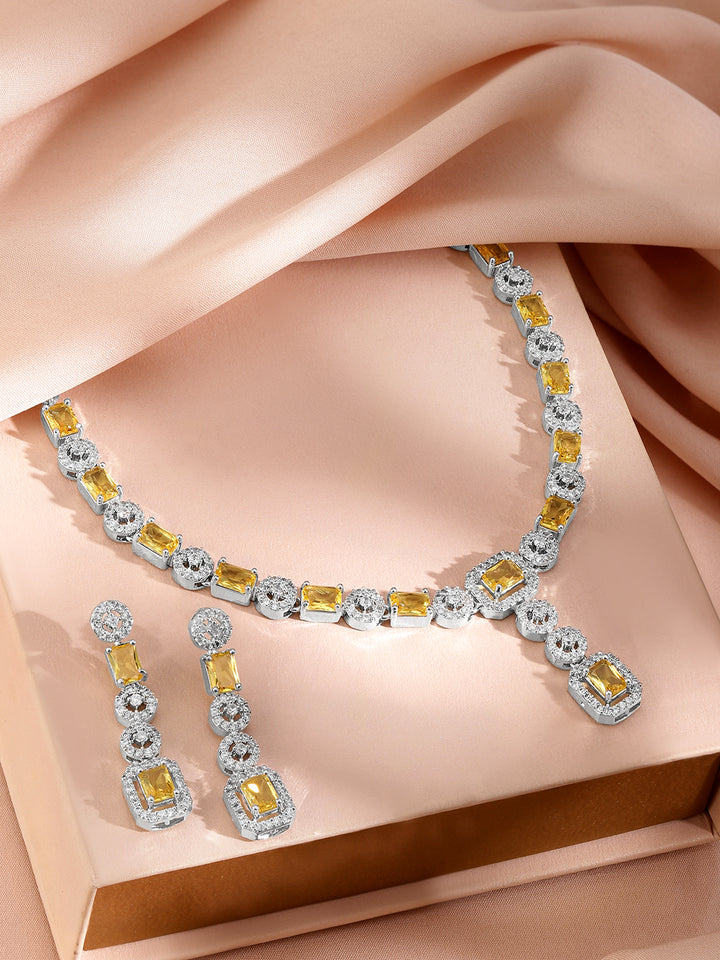 Citrine Studded American Diamond Zirconia Necklace Set