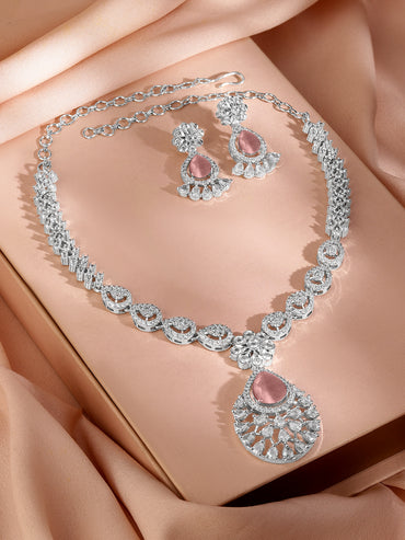 Pink American Diamond Zirconia Necklace Set
