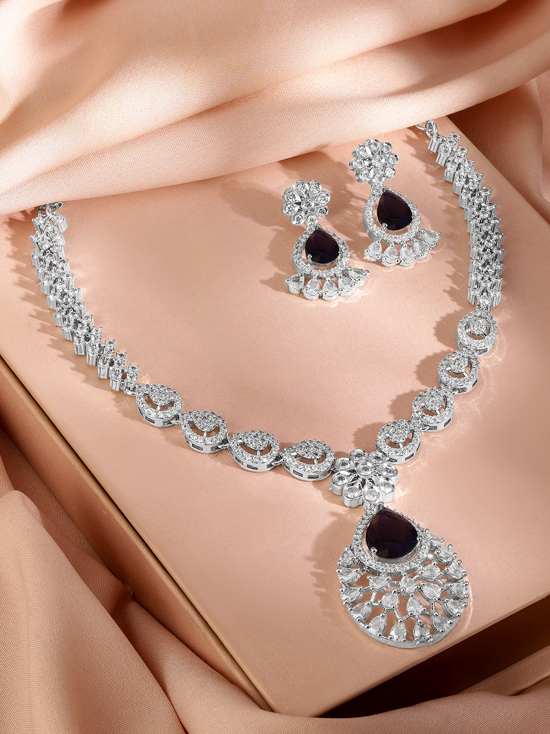 American Diamond Zirconia Dark Purple Sapphire Necklace Set