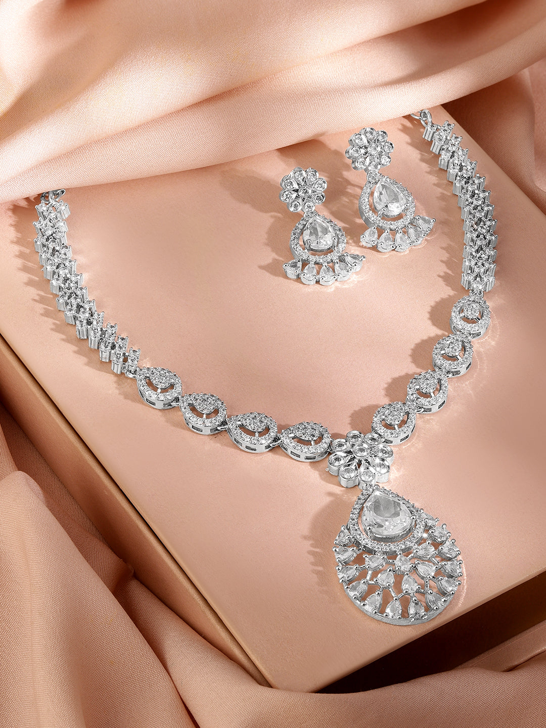 American Diamond Zirconia White Necklace Set