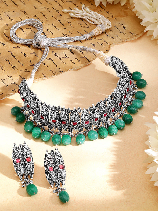 Green Beaded Pink Studded Oxidised Choker Set