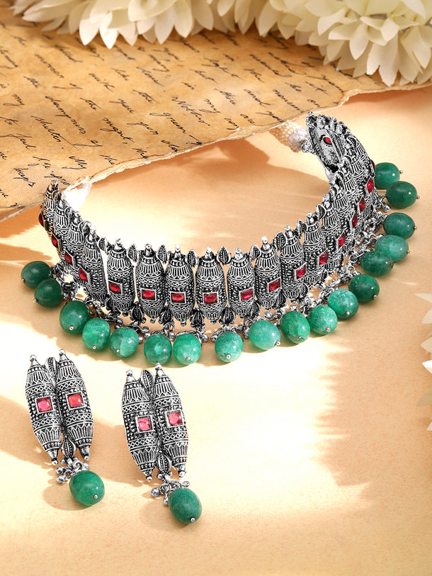 Green Beaded Pink Studded Oxidised Choker Set