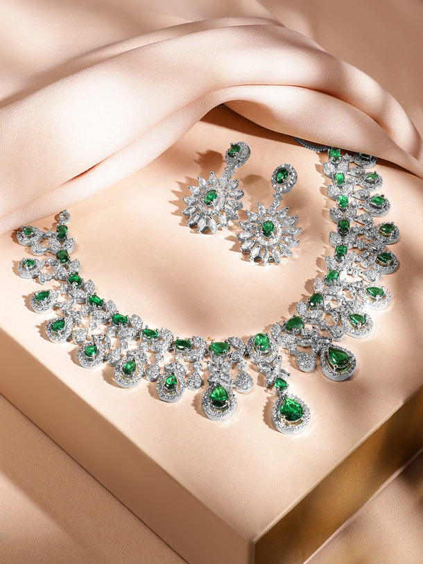American Diamond Zirconia Green Teardrop Necklace Set