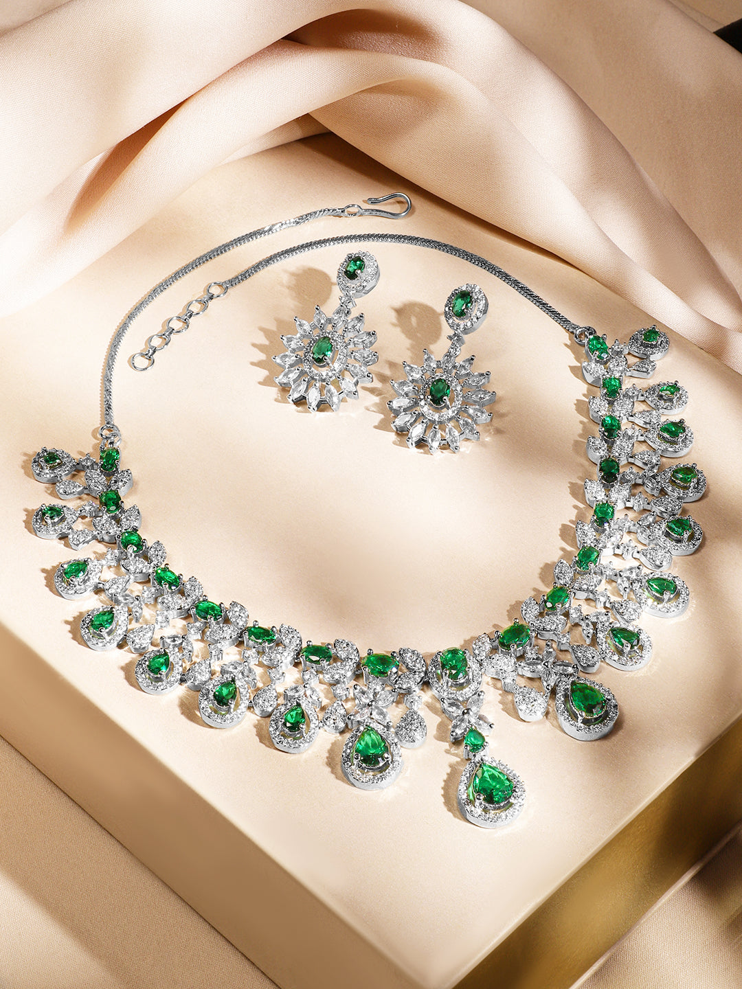American Diamond Zirconia Green Teardrop Necklace Set