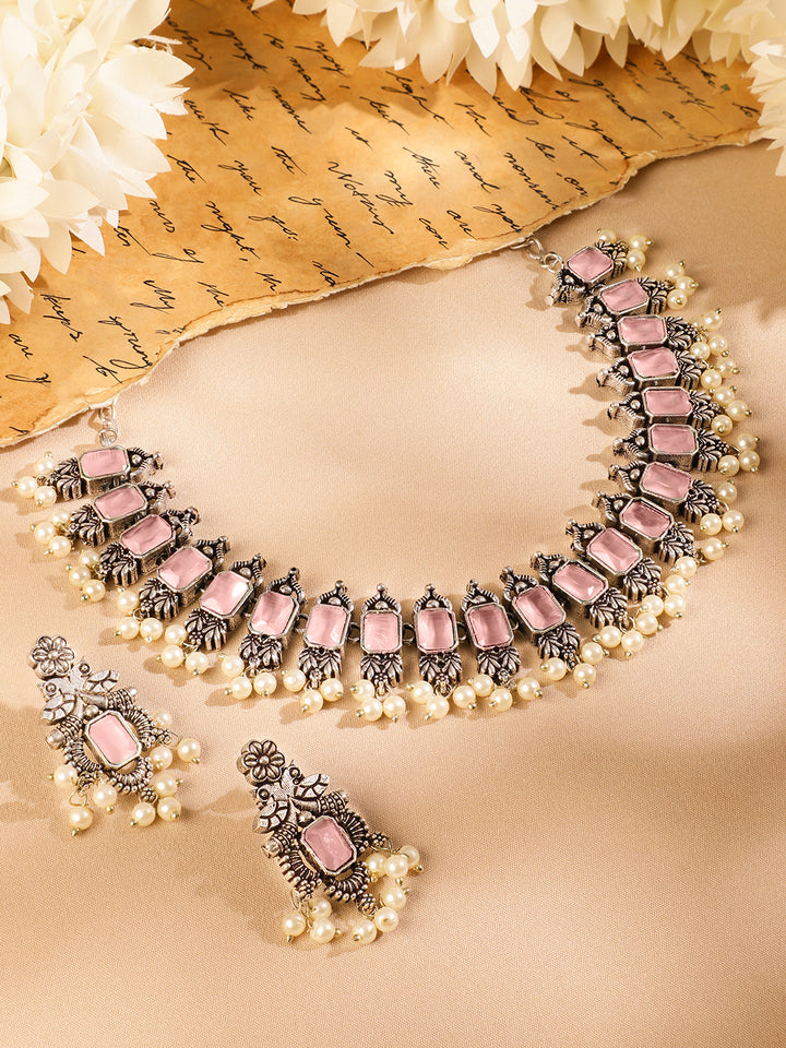 Pink Studded Pearl Drop Oxidised Necklace Set