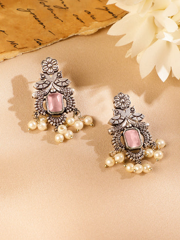 Pink Studded Pearl Drop Oxidised Necklace Set