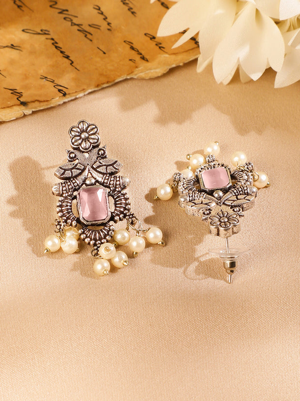 Pink Studded Pearl Drop Oxidised Necklace Set