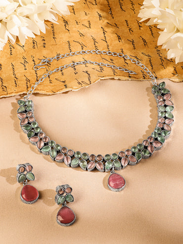 Pink & Green Studded Necklace Set