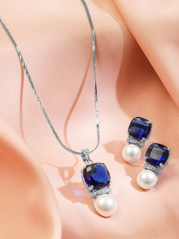 Midnight Blue Sapphire Pearl Pendant Set