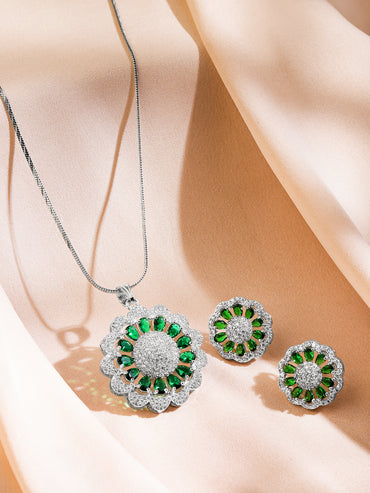 American Diamond Zirconia Floral Green Pendant Set