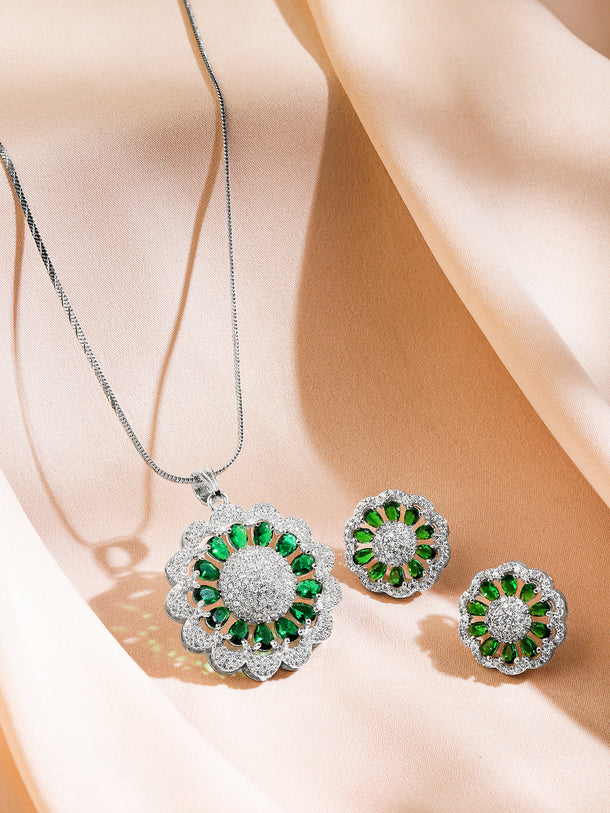 American Diamond Zirconia Floral Green Pendant Set