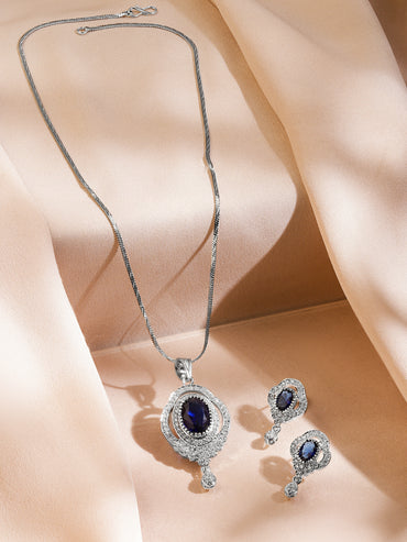 American Diamond Zirconia Necklace Set With Blue Sapphire