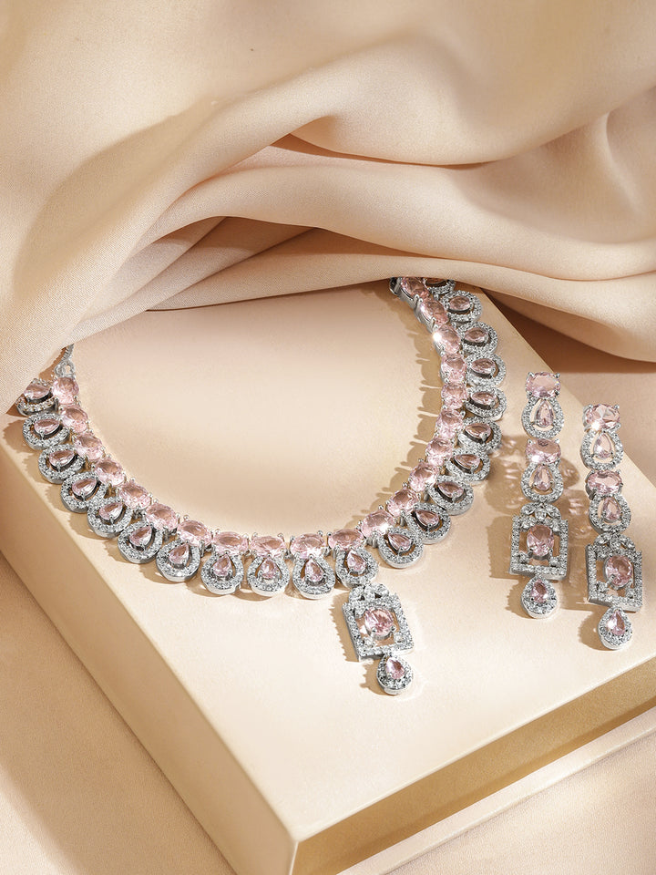 American Diamond Zirconia Teardrop Pink Necklace Set