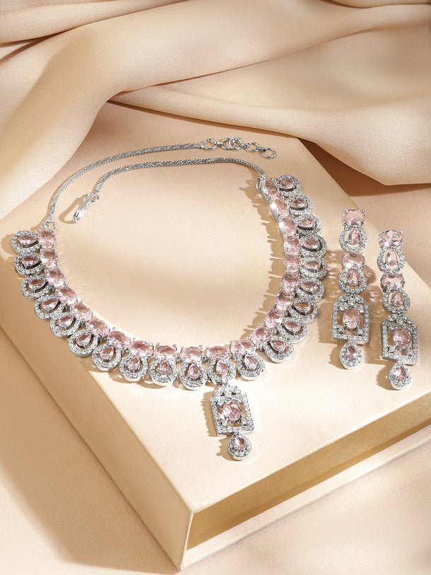 American Diamond Zirconia Teardrop Pink Necklace Set