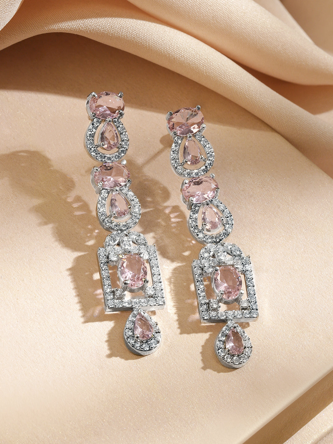 American Diamond Zirconia Teardrop Pink Necklace Set