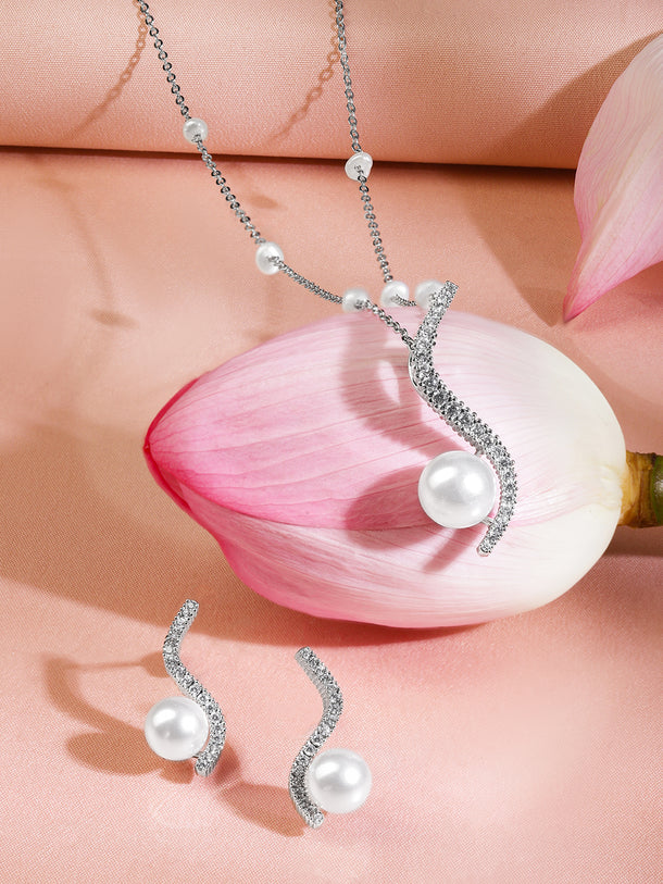 American Diamond Zirconia Pearl Necklace Set