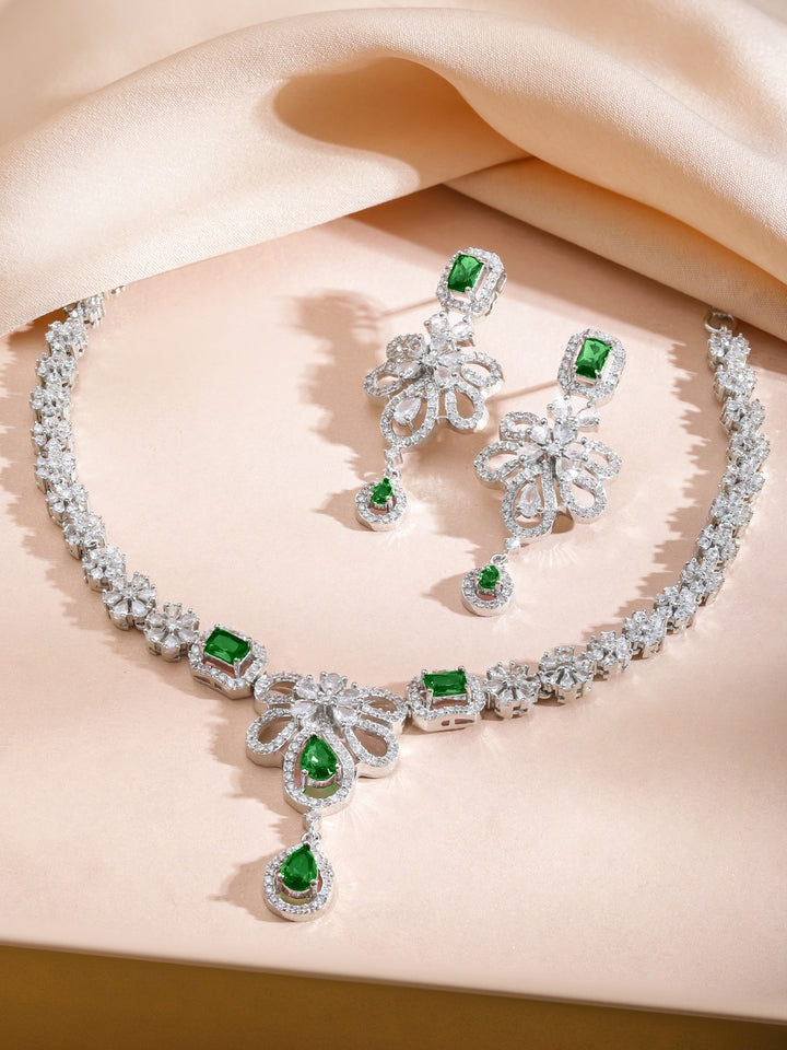 Green American Diamond Zirconia Floral Necklace Set