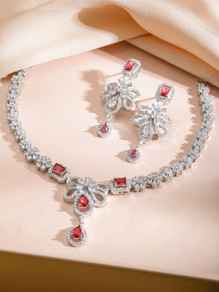 Red Studded American Diamond Zirconia Floral Necklace Set