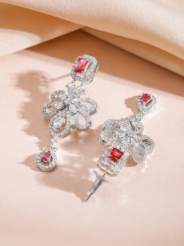 Red Studded American Diamond Zirconia Floral Necklace Set