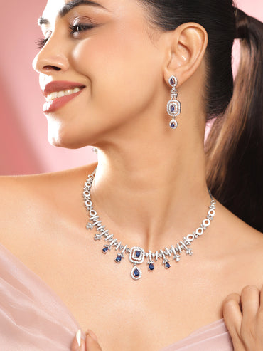 American Diamond Zirconia Blue Teardrop Necklace Set