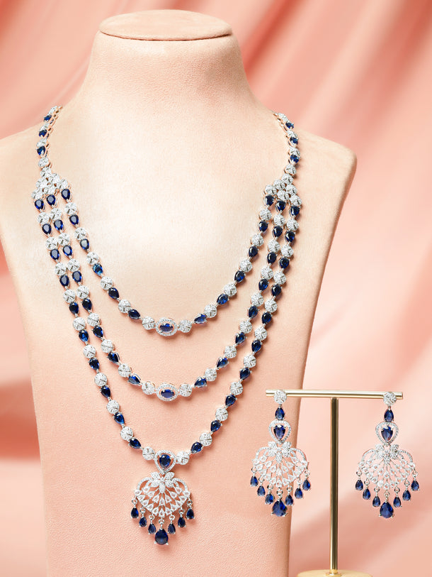 Blue Studded Triple Layered Necklace Set