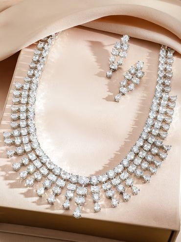 White Crystal-Studded Cascading Necklace Set