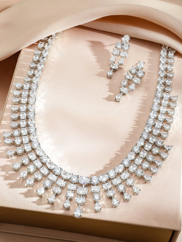 White Crystal-Studded Cascading Necklace Set