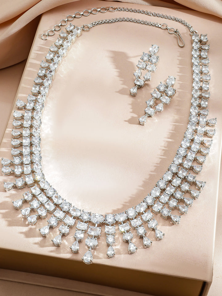 White Crystal-Studded Cascading Necklace Set