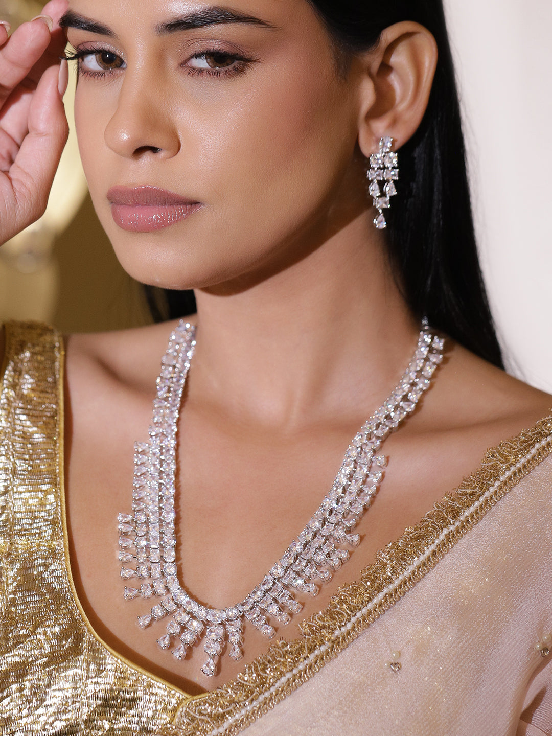 White Crystal-Studded Cascading Necklace Set