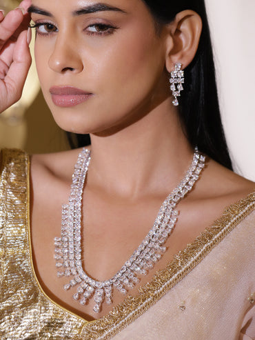 White Crystal-Studded Cascading Necklace Set