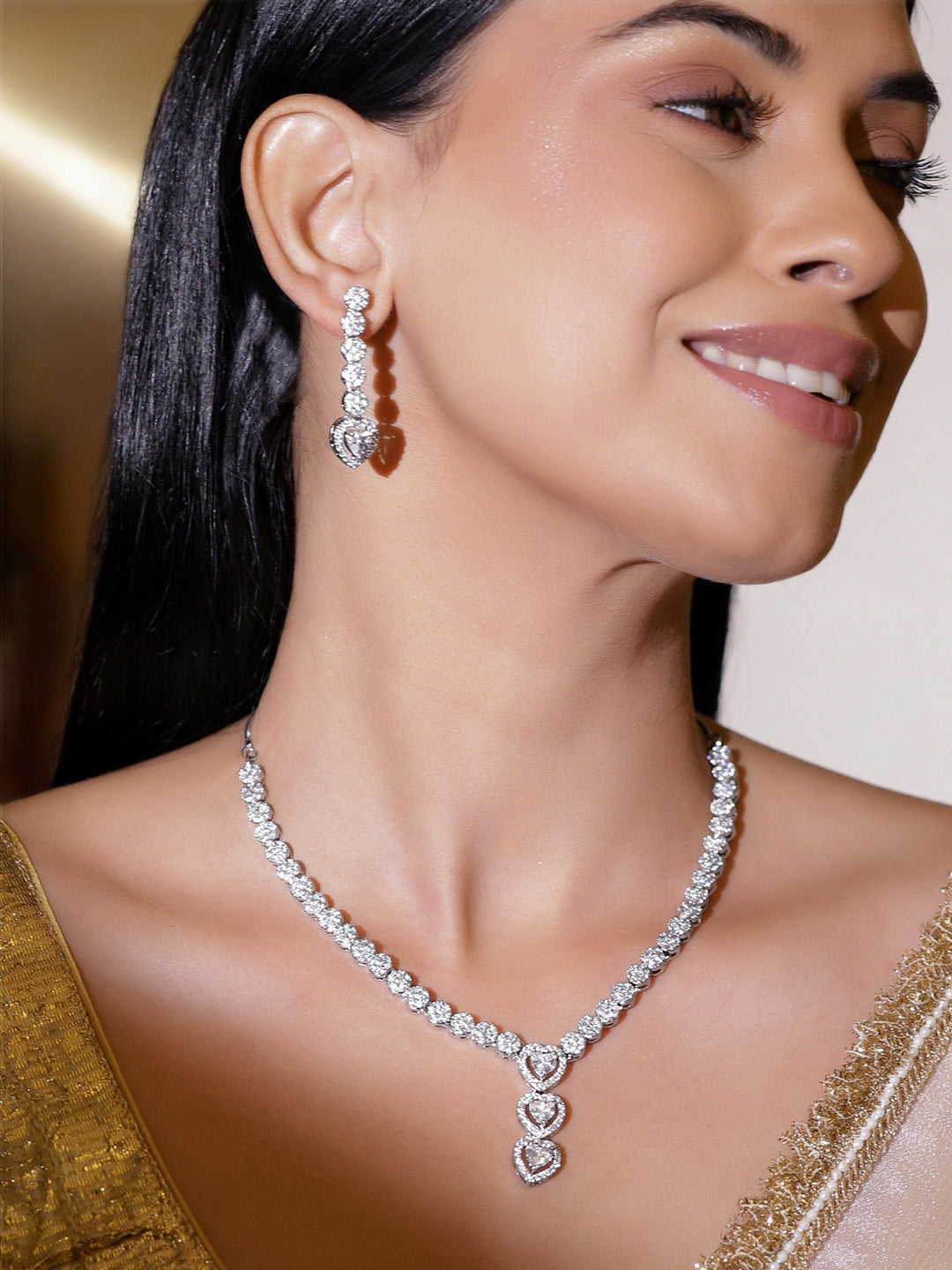 American Diamond Zircon Heart Motif Necklace Set